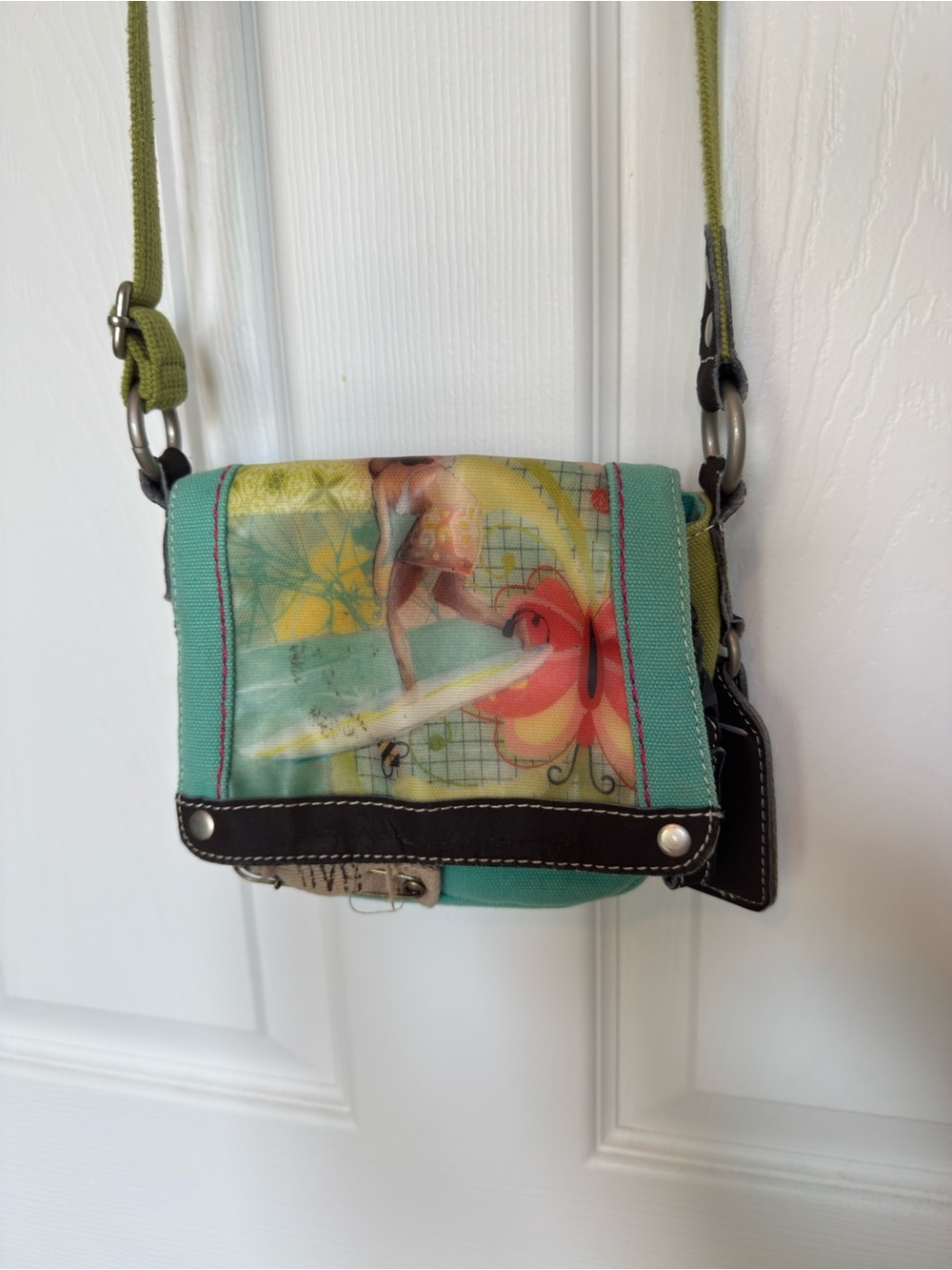 Sherpani Mint Green Floral Crossbody with Olive Strap